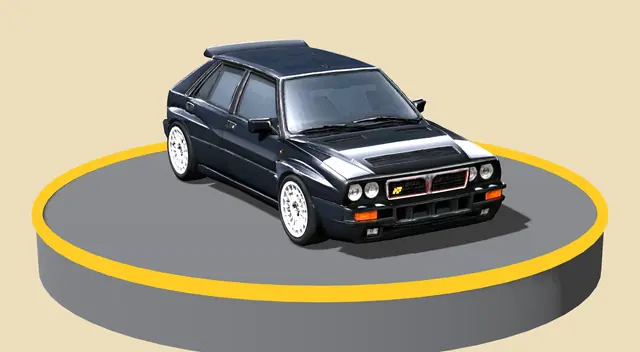 Lancia Delta Integrale döner tablada, önden görünüm