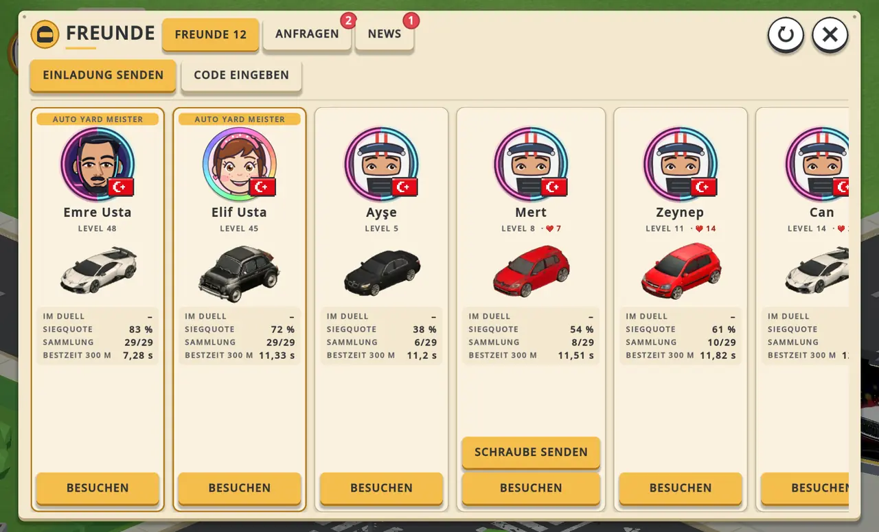 Freunde-Bildschirm: Freundeskarten mit Avataren, Vitrinenautos und Statistiken