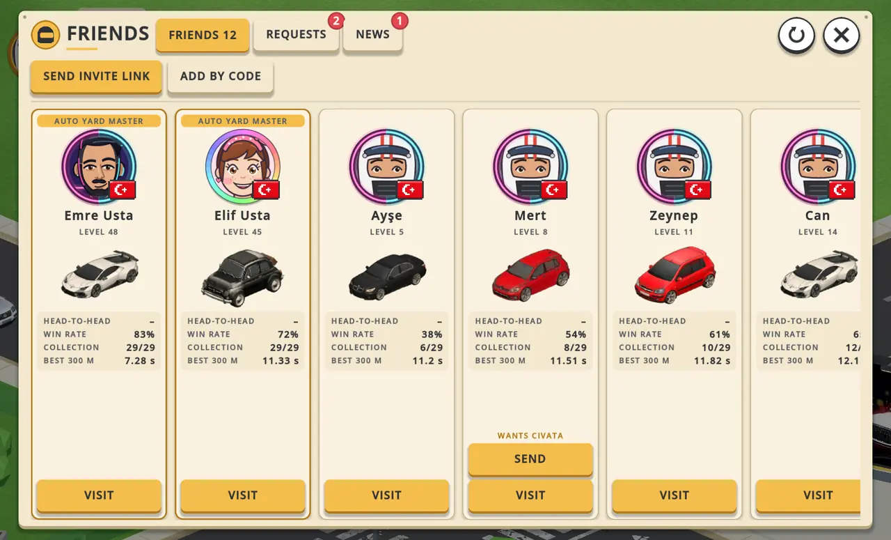 Friends screen: friend cards with avatars, showcase cars and stats