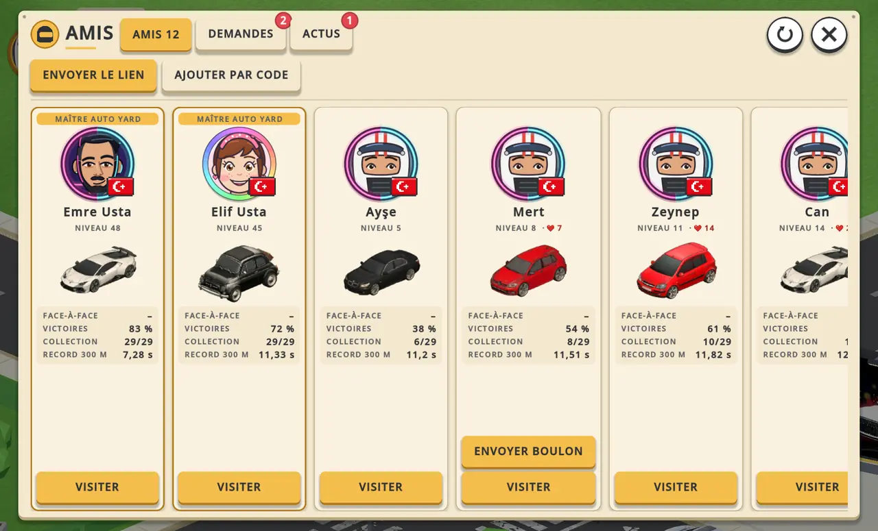 Écran Amis : cartes d’amis avec avatars, voitures en vitrine et statistiques
