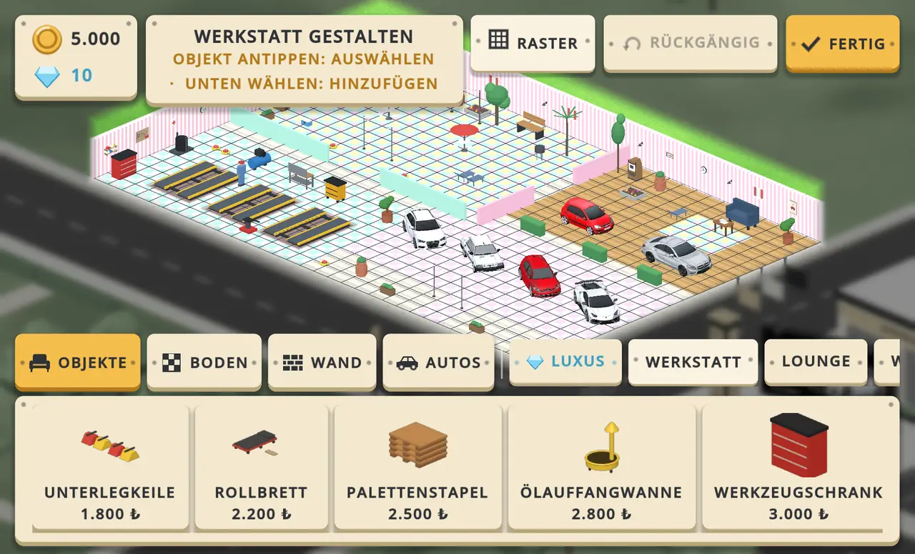 Werkstatt-Editor: Boden mit Raster, Objektkategorien und Ausstattung für die Werkstatt