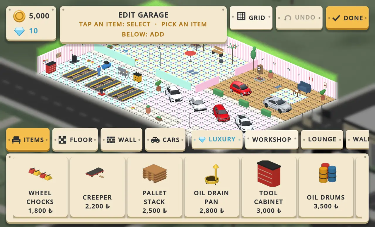 Edit garage screen: a grid floor, item categories and workshop items