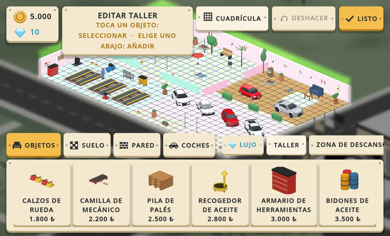 Pantalla de editar taller: suelo con cuadrícula, categorías de objetos y objetos del taller