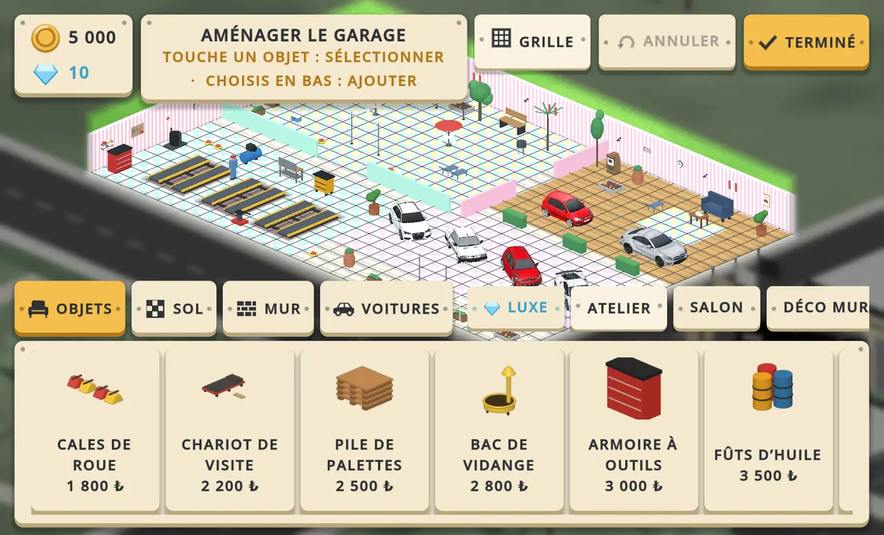 Écran d’aménagement du garage : sol quadrillé, catégories d’objets et objets d’atelier