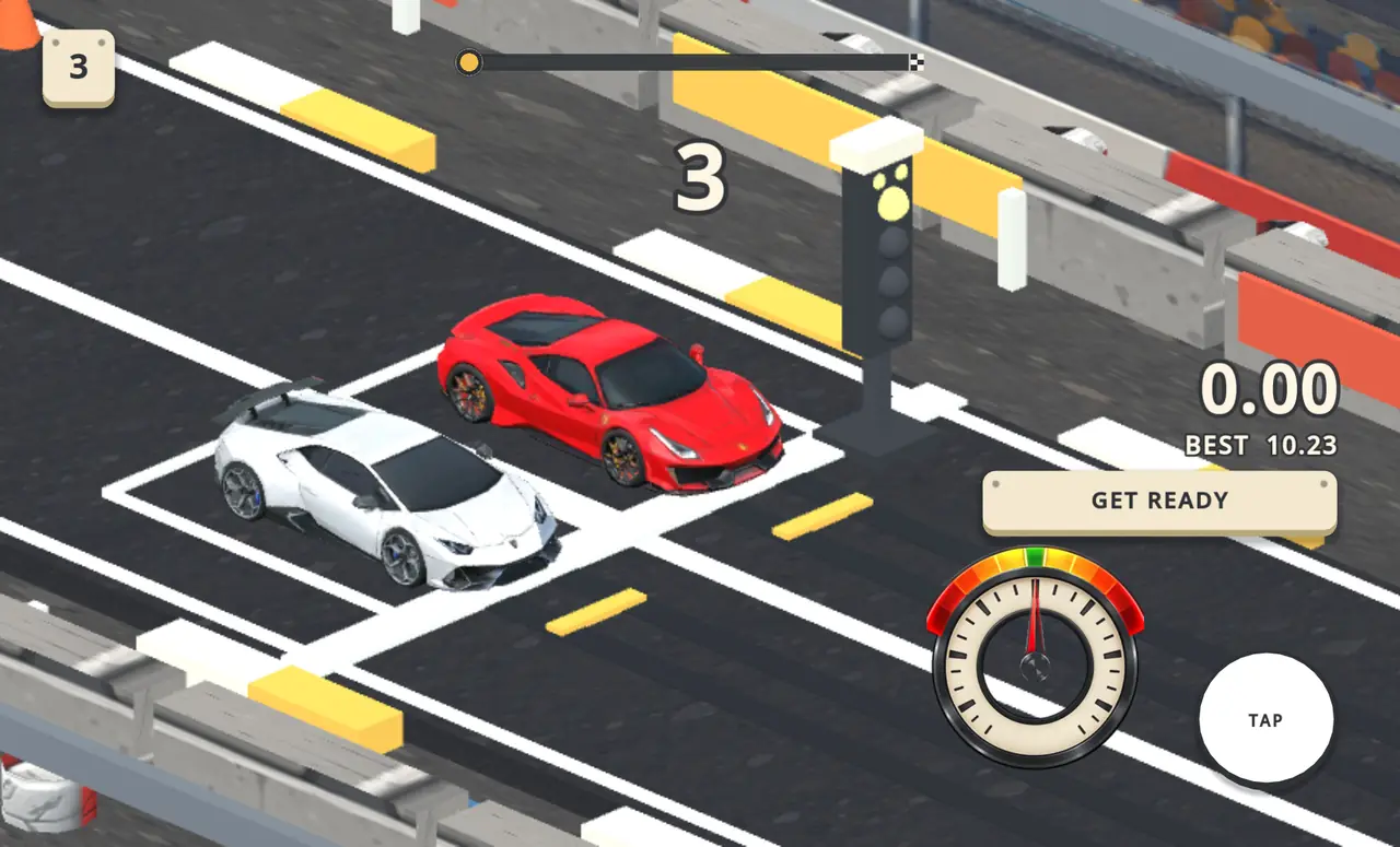 Drag strip: two sports cars at the start lights with the rev counter in the corner