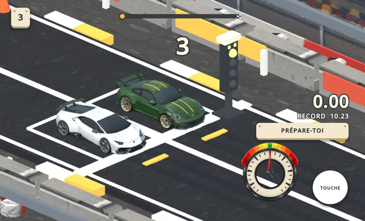 Piste de drag : deux voitures de sport aux feux de départ, le compte-tours dans un coin