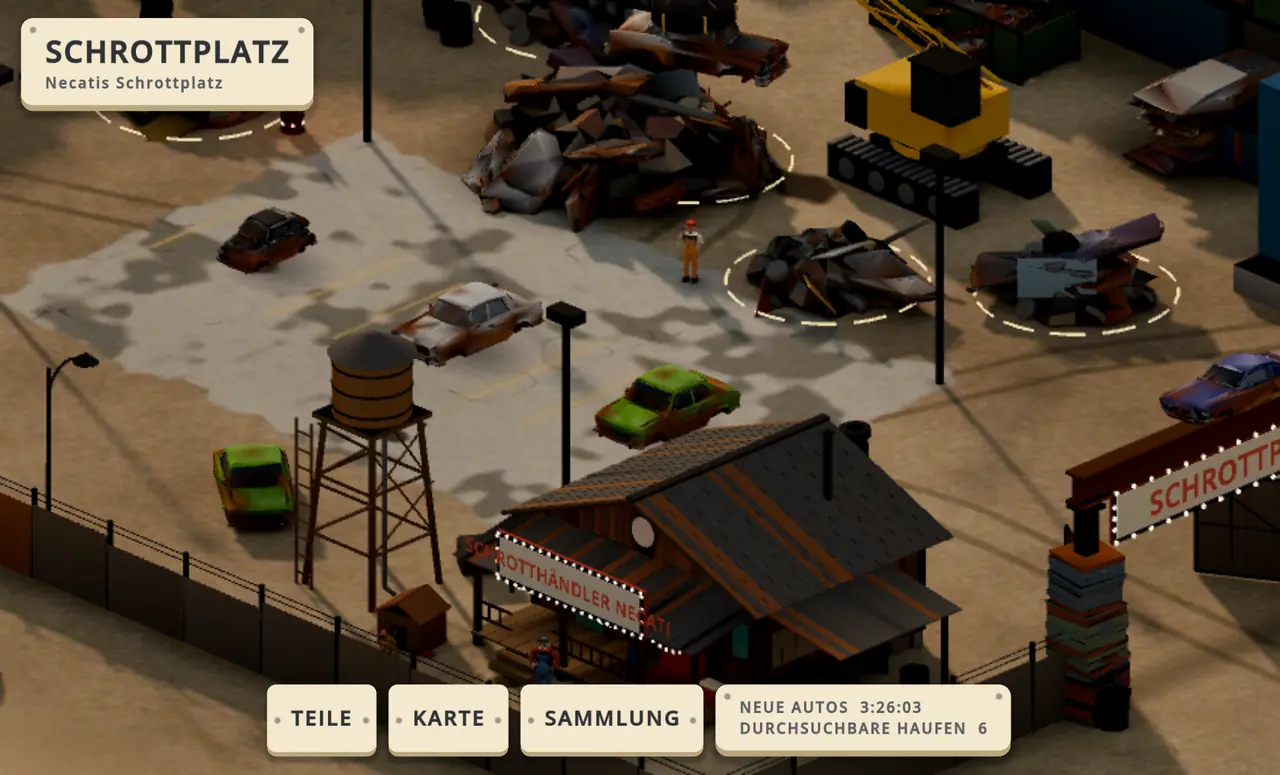 Schrottplatz: Schrotthaufen, ein Kran, ein Wasserturm und rostige Oldtimer
