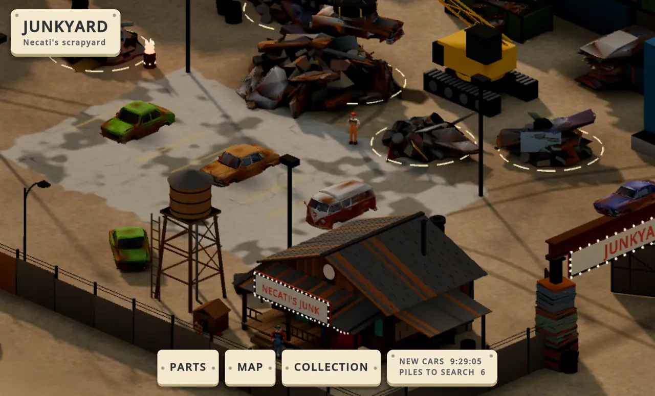 The junkyard: scrap piles, a crane, a water tower and rusty classic cars
