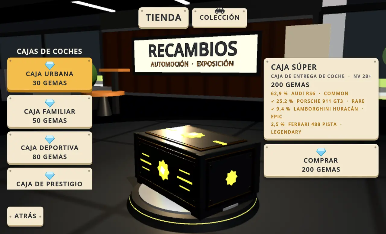 Tienda del concesionario: lista de cajas, una caja súper en la plataforma y las probabilidades de cada coche