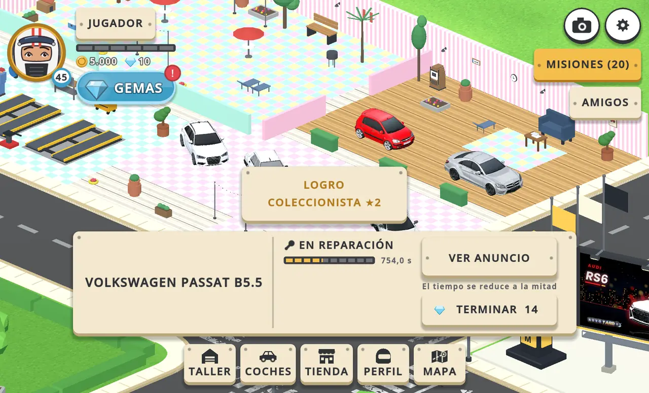 Vista de la ciudad: un Volkswagen Passat en reparación frente a un taller decorado, con el panel de reparación abierto
